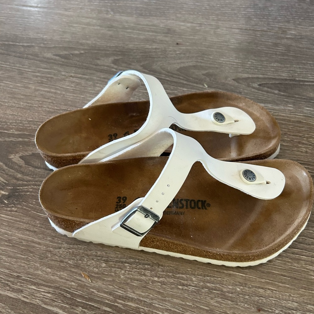Birkenstock White and Brown Thong Sandals